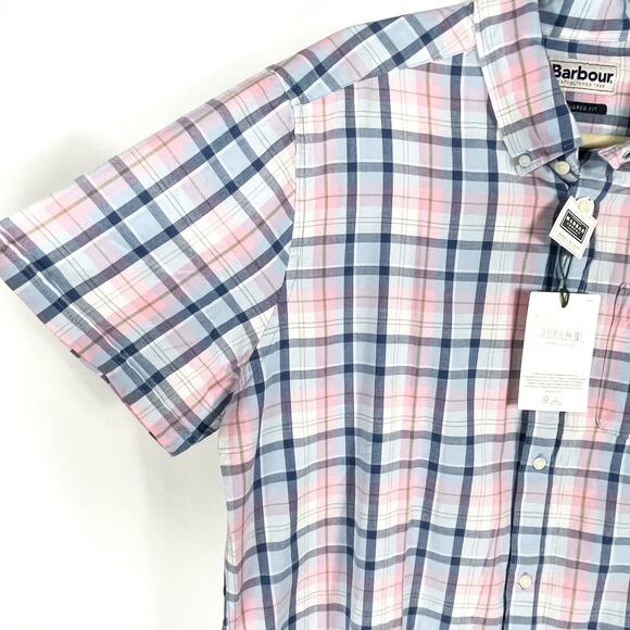 Barbour Furniss Tailored Shirt Pink Plaid Button Down Short Sleeve Sz L Men - Picture 6 of 12